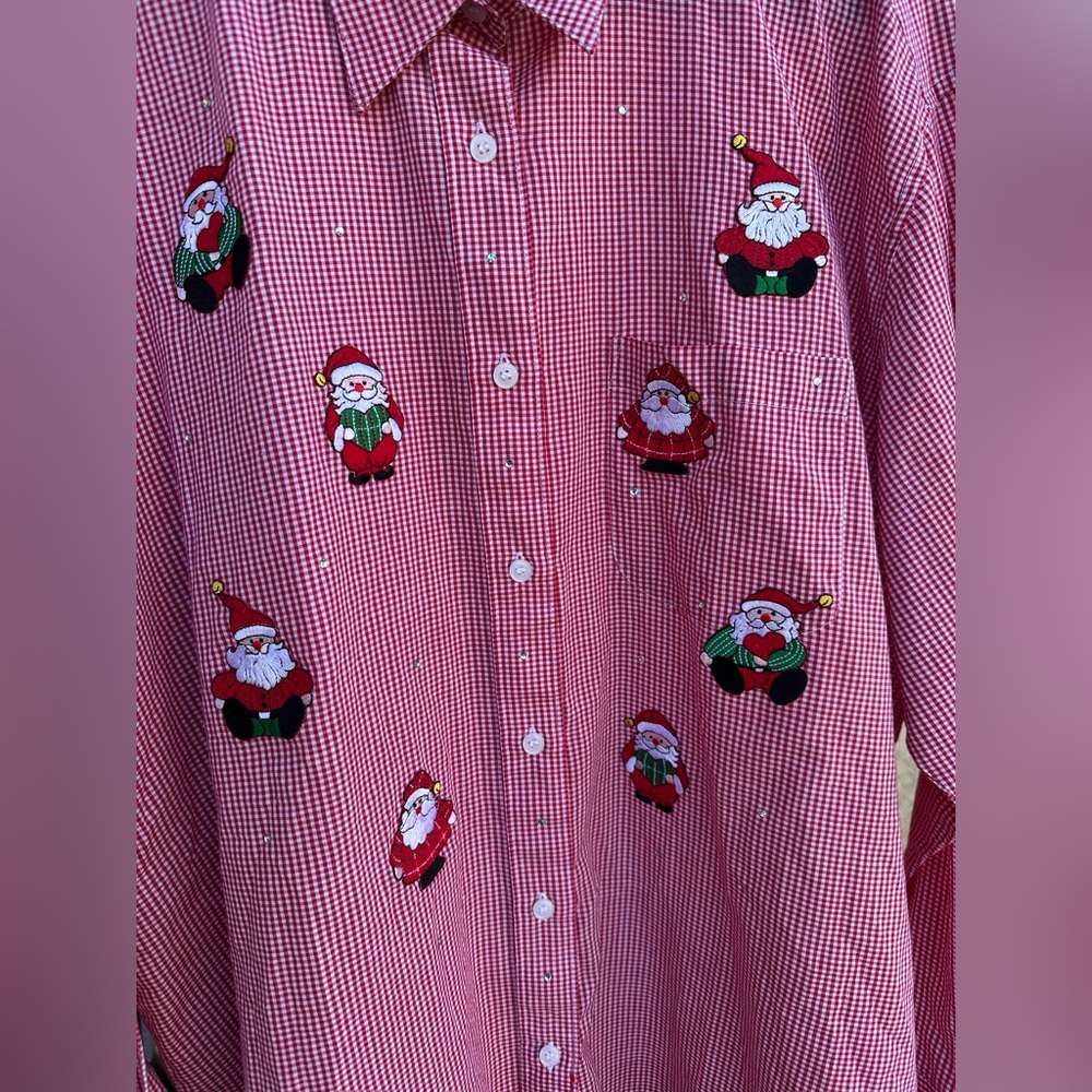 Mili Designs Red Christmas Gingham Santa Embellished Button Up Shirt Sz 1X - Picture 5 of 11